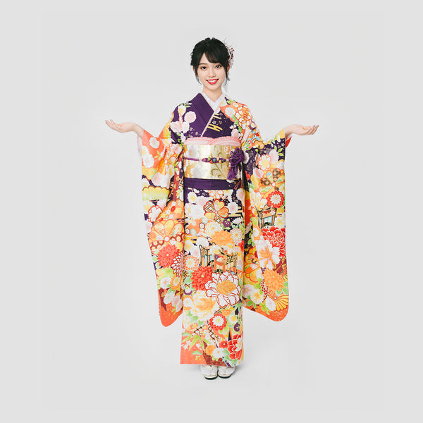 “Rakuraku Kimono” pure silk long-sleeved kimono rental